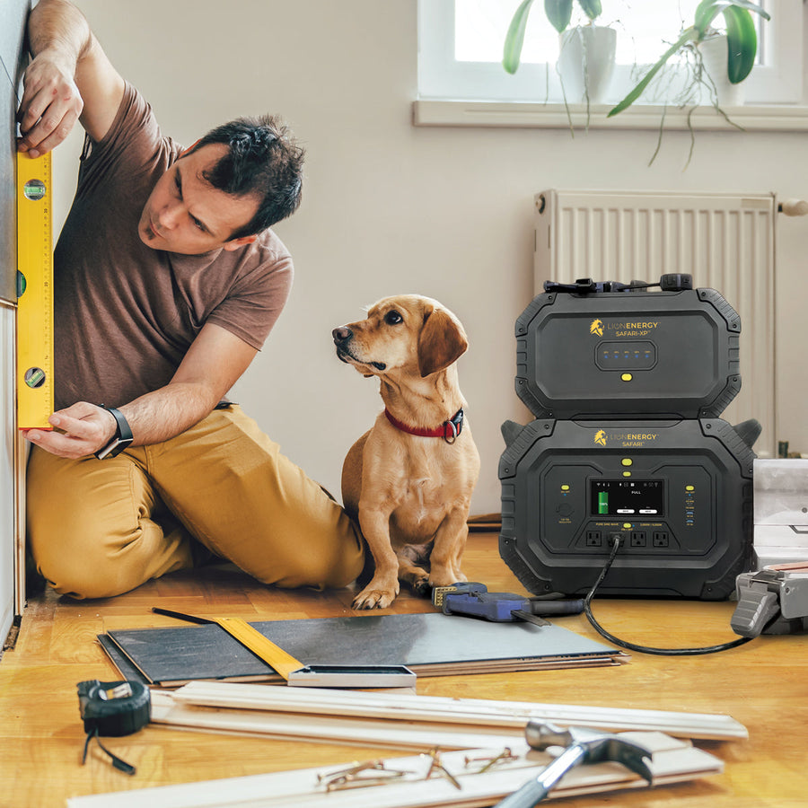 A man running power tools from a Lion Safari and Safari XP while his dog watches
