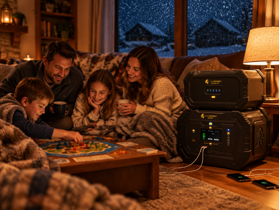 Family playing a board game by lamplight during a winter blackout, powered by a Lion Safari and Safari XP