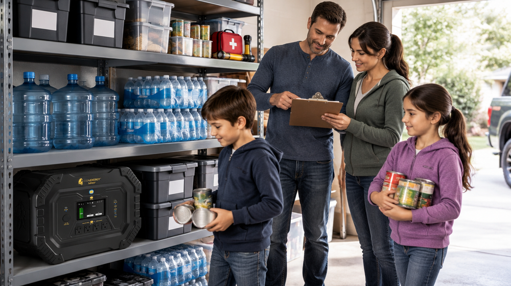 Family organizing water, food and a Lion Safari on garage shelves