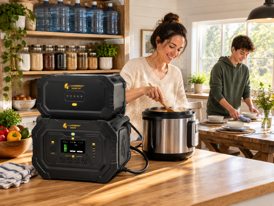 Mother cooking with a pressure cooker powered by a Lion Safari and Safari XP in a sunny kitchen