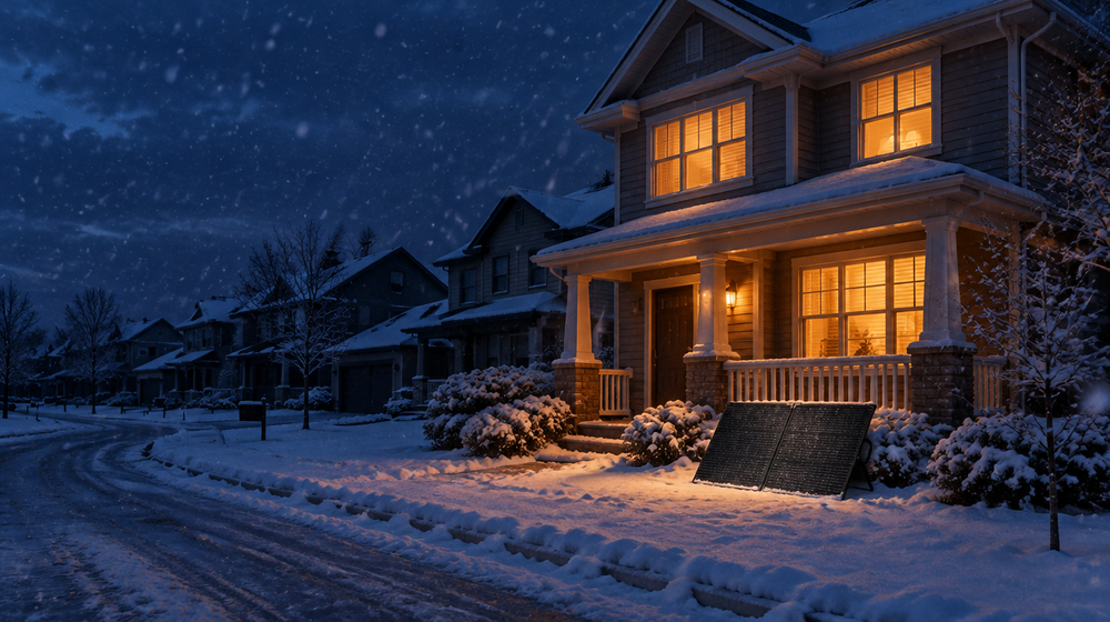 One home glowing on a dark snowy street during a blackout, with solar panels by the porch