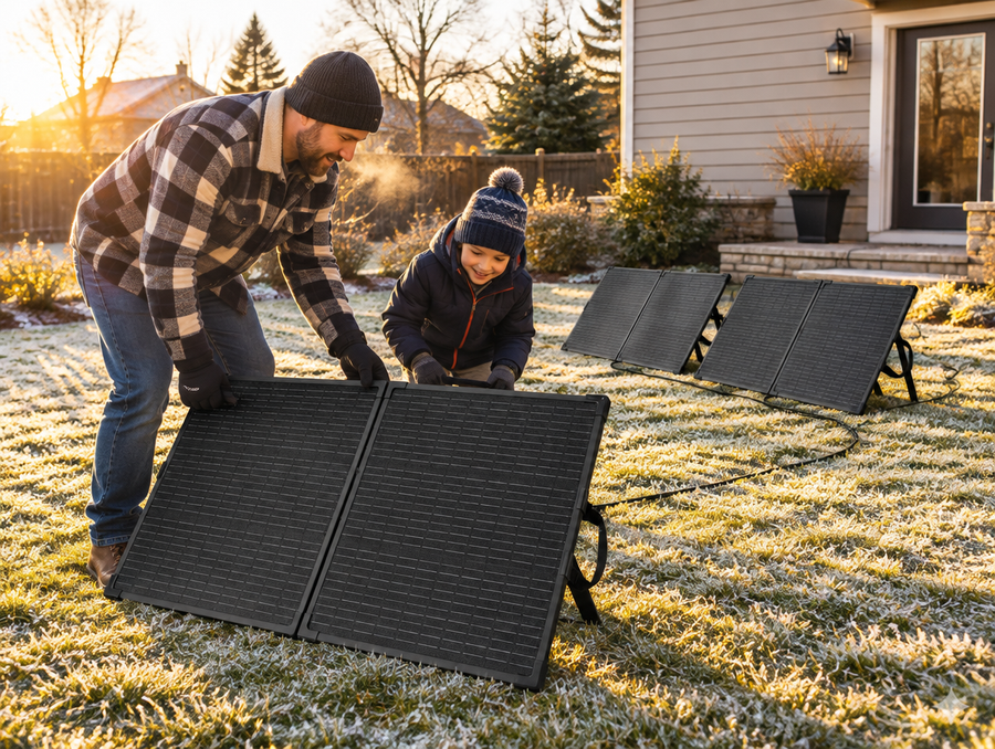 Father and son setting out Lion 24V solar panels on a frosty morning lawn