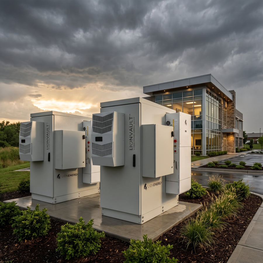 Two Lion Vault outdoor battery enclosures beside a commercial building