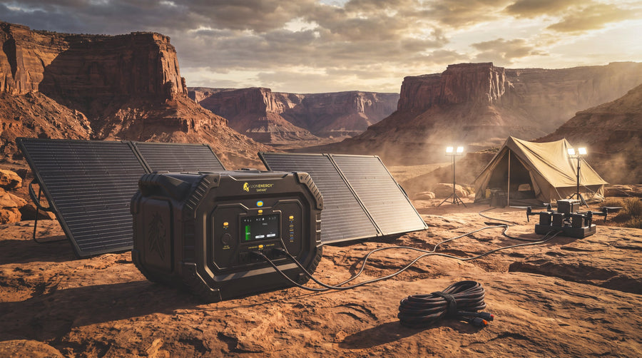 Lion Safari charging from folding solar panels at a desert canyon camp