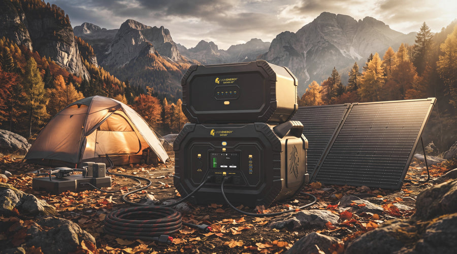 Lion Safari with the Safari XP stacked on top beside folding solar panels at a mountain campsite