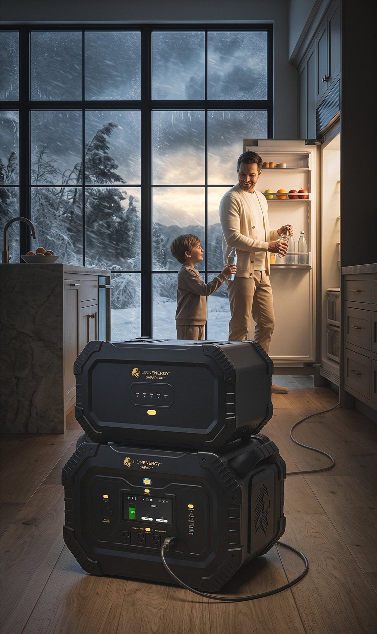 A father and son grab water from a lit refrigerator during a winter storm while a Lion Safari and Safari XP power the kitchen
