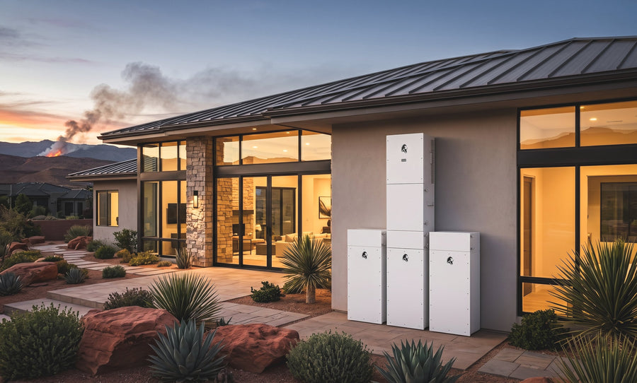 Lion Sanctuary 3 inverter and battery stack installed outside a desert home at dusk