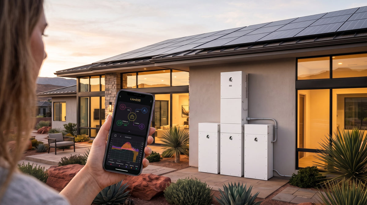 Homeowner checking the LionESS app beside a Sanctuary 3 system on a solar-powered home