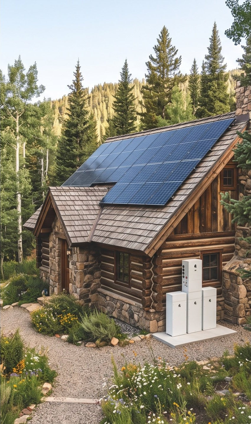 A mountain log cabin with rooftop solar and a Lion Sanctuary 3 system