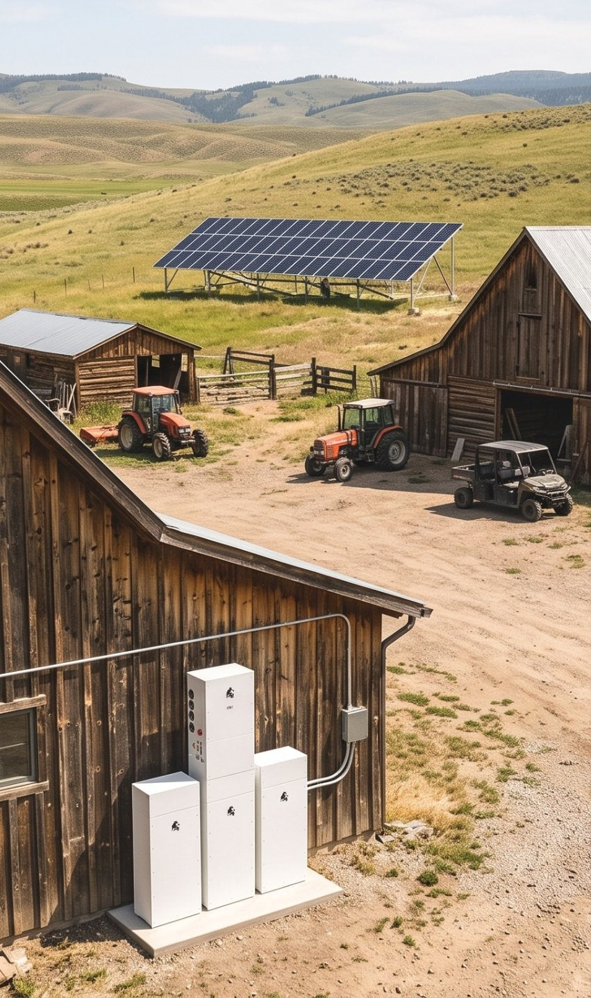 A ranch with a ground-mount solar array and a Lion Sanctuary 3 system beside the barn