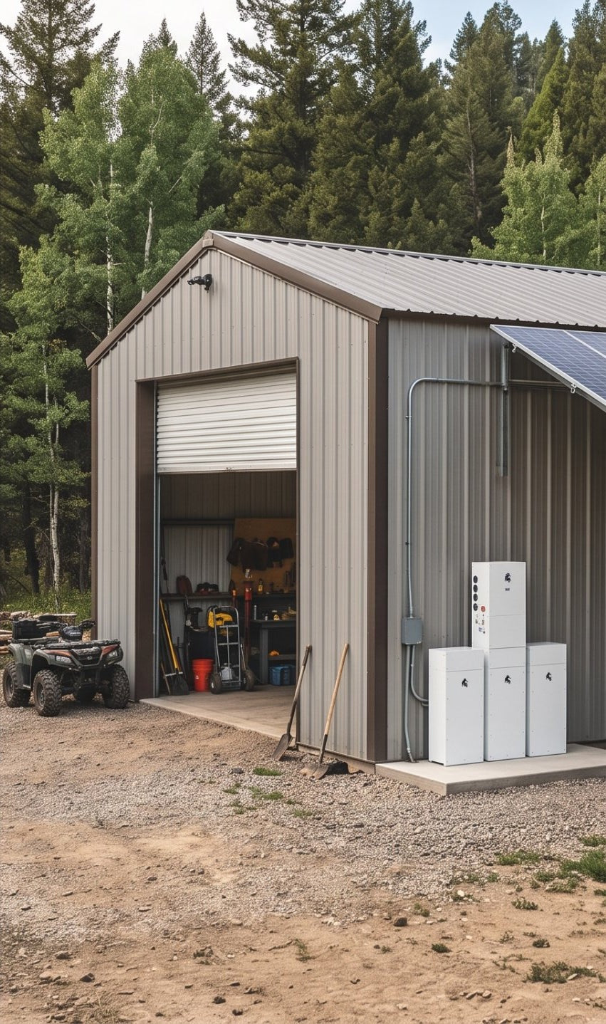 A remote metal shop building with solar and a Lion Sanctuary 3 system by the door