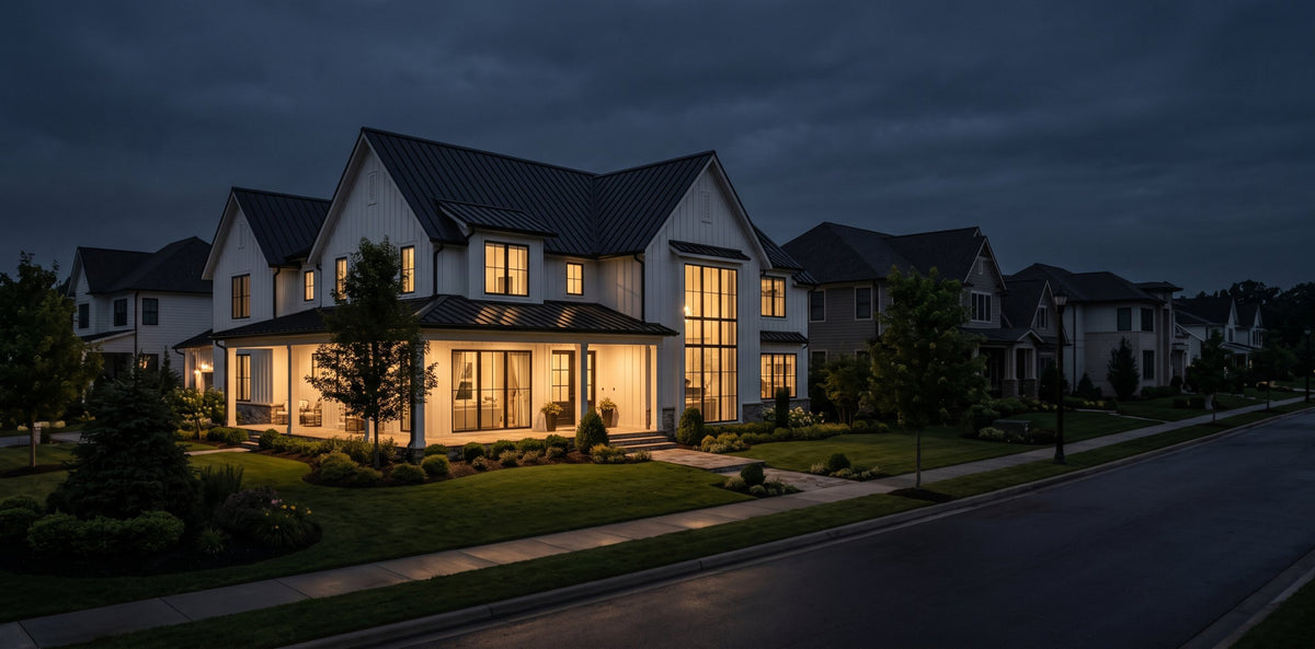 A lit-up home on a dark street during a neighborhood power outage